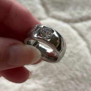 Chunky Silver Tone Statement Ring with Faux Diamond CZ Jewel
